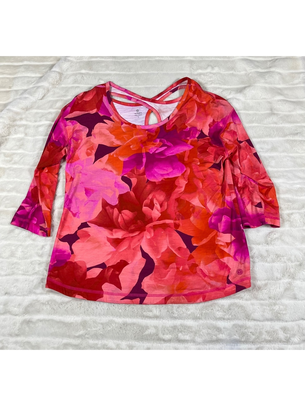 T by Talbots L 3/4 Sleeve Red Pink Floral Fall Crossback Preppy Casual Top